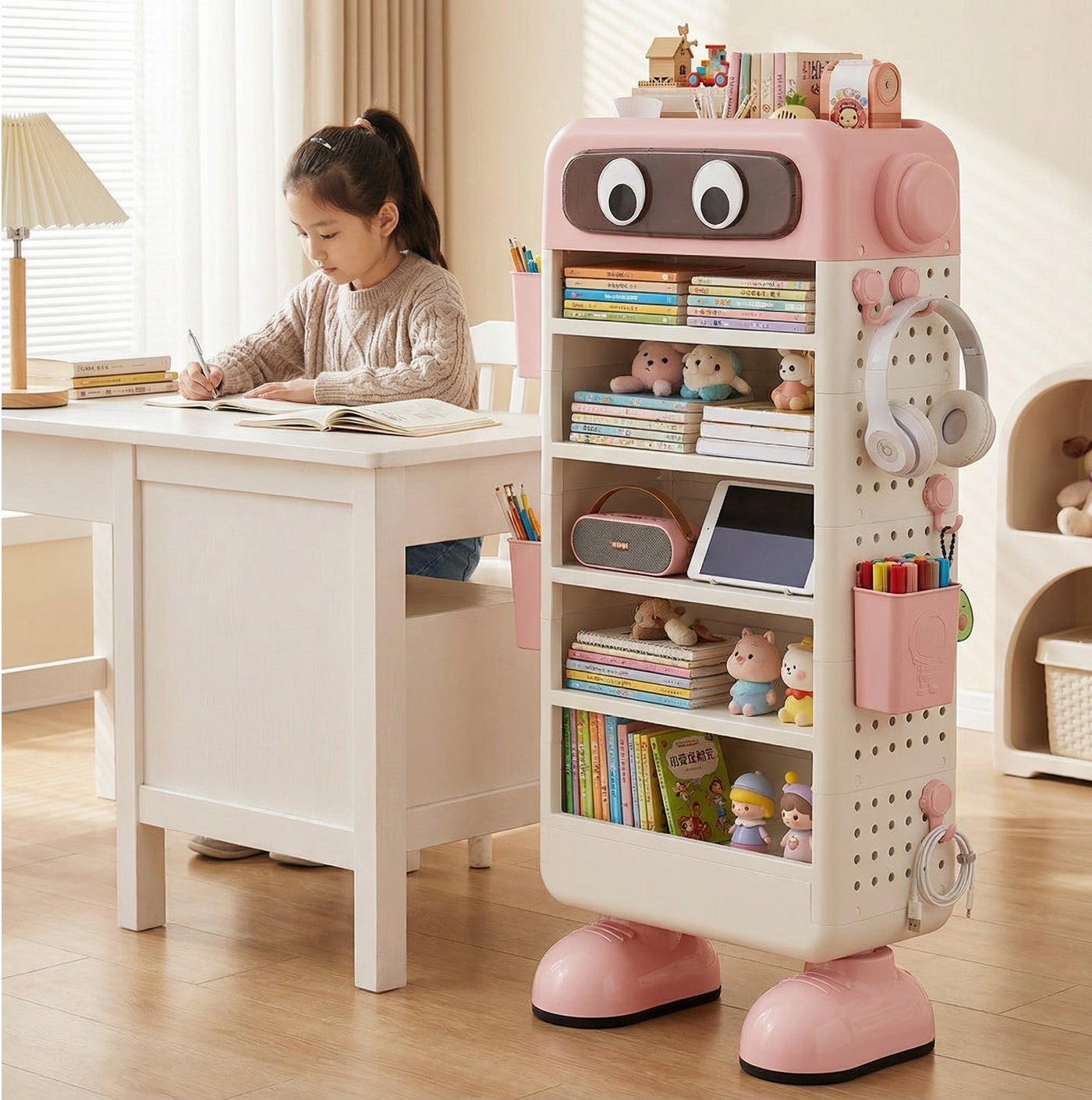 6-Tier Robot Storage Organizer for Kids Room | Fun & Functional Shelf for Toys, Gadgets & Art Supplies | Freestanding Unit with Side Pockets & Hooks- Pink